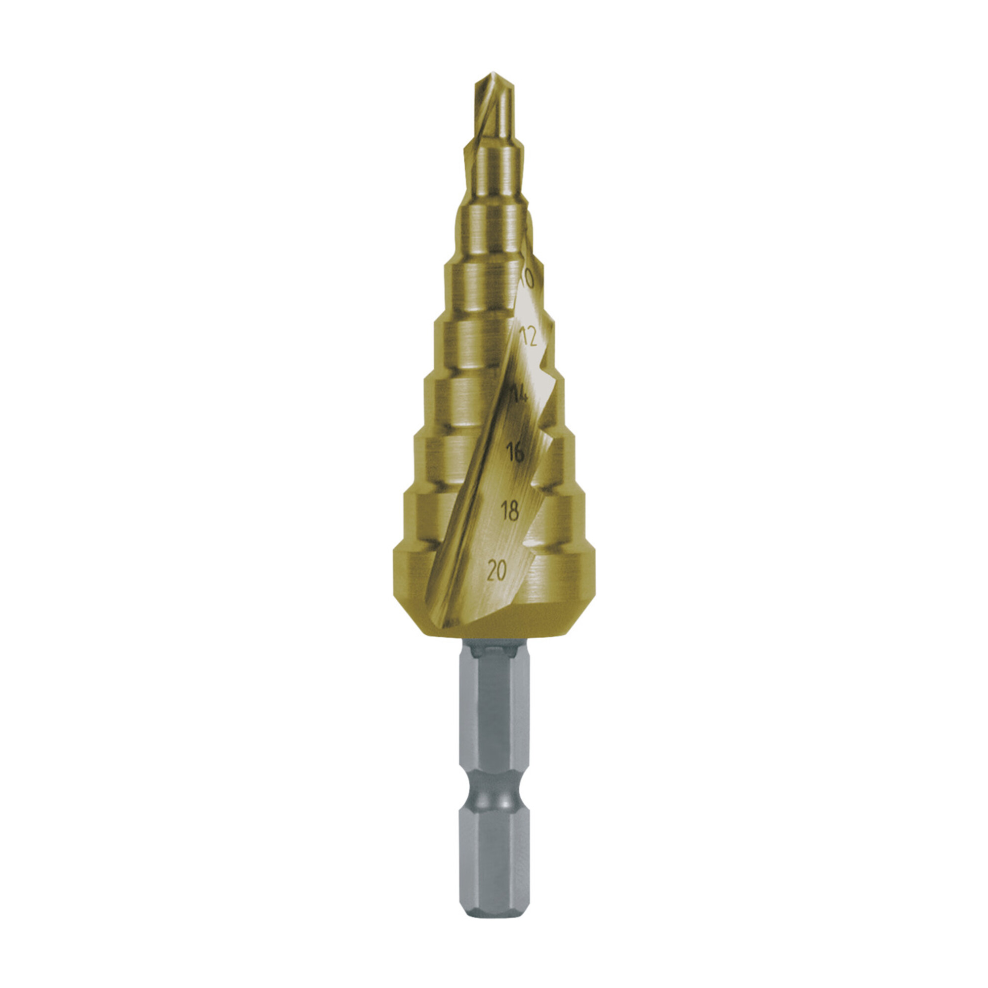 RUKO Stufenbohrer-Bit HSS-TiN, spiralgenutet mit Kreuzanschliff Bohrbereich Ø1 - Ø2 4,0 - 20,0 mm
