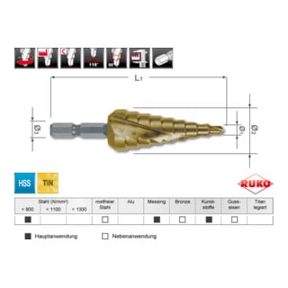 Ruko Stufenbohrer-Bit HSS-TiN, spiralgenutet mit Kreuzanschliff 65 mm HSS