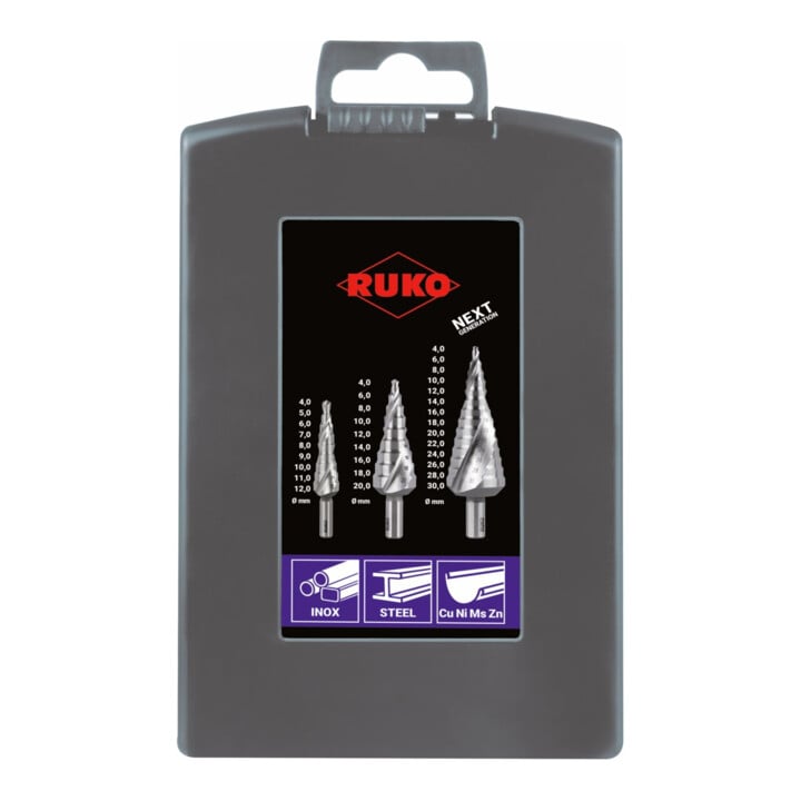 RUKO Stufenbohrersatz Gr.0/9, 3-teilig in Kunststoffkassette