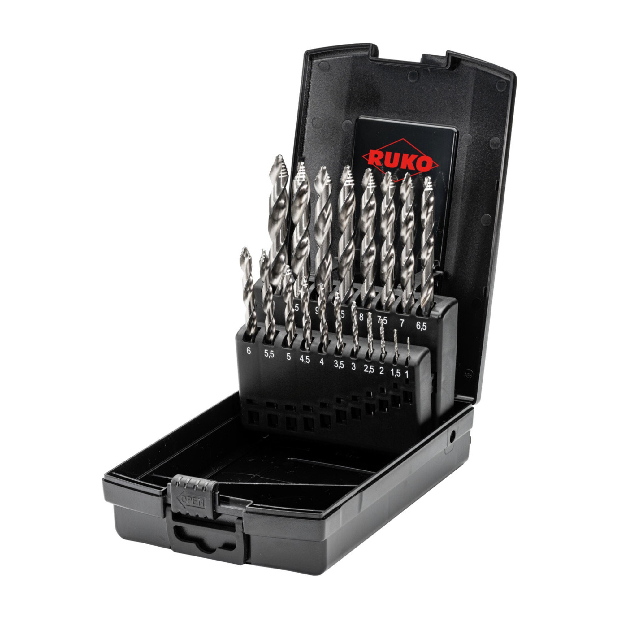 Ruko ULTIMATECUT Spiralbohrer-Satz DIN 338 Typ FLOWSTEP Spitze, HSS-G in ABS-Kunststoffkassette - 19 tlg.