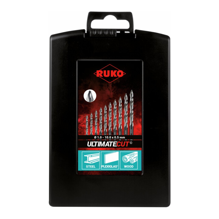 Ruko ULTIMATECUT Spiralbohrer-Satz DIN 338 Typ FLOWSTEP Spitze, HSS-G in ABS-Kunststoffkassette - 19 tlg.