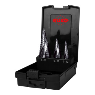 Ruko ULTIMATECUT Stufenbohrer-Satz mit FLOWSTEP Spitze, HSS Größen 0/9, 1, 2 in ABS-Kunststoffkassette - 3 tlg.