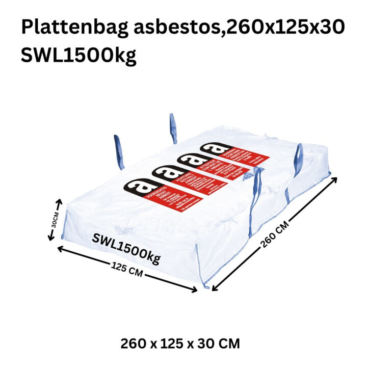 Sac pour plaques 260x125x30cm, impression avertissement amiante, 1500kg