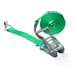 Sangle d'amarrage DIN EN 12195-2 L. 6 m l. 35 mm avec rochet + crochets pointu L
