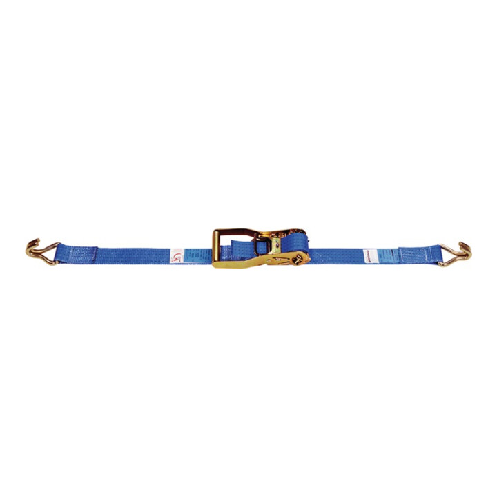 Sangle d'amarrage DIN EN 12195-2 L. 6 m l. 50 mm avec rochet + crochets pointu L