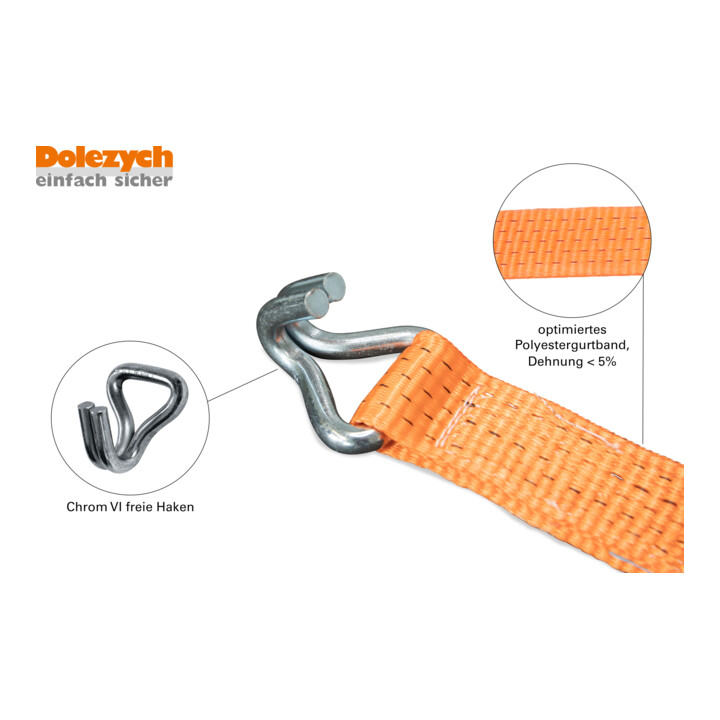 Sangle d'amarrage DIN EN 12195-2 L. 6 m l. 50 mm avec rochet + crochets pointu L