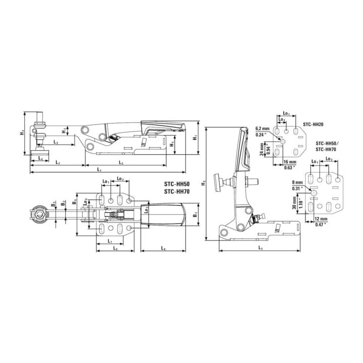 Sauterelle à serrage vertical et levier horizontal avec bras ouvert et platine de fixation horizontale STC-HH Bessey