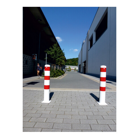 Schake Absperrpfosten Typ 40153B, ortsfest, zum Aufdübeln + Bodenplatte 220x220mm, Ø 152mm, Gesamtlänge:1000mm, weiß / rot