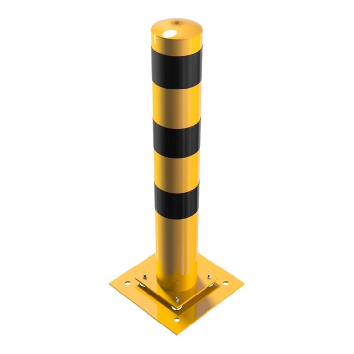 Schake Absperrpfosten Typ 40153NPBG, ortsfest, zum Aufdübeln + Bodenplatte 360 x 360 mm, Ø 152mm, elastisch, Gesamtlänge:1000mm, gelb, beschichtet, + schwarzen Streifen