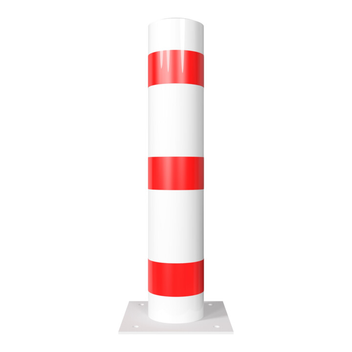 Schake Absperrpfosten Typ 40193B Stahlrohr, Ø 193mm, zum Aufdübeln + Bodenplatte 360x360mm, Gesamtlänge:1000mm, weiß / rot