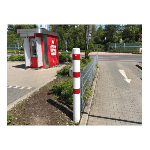 Schake Absperrpfosten Typ 40193B Stahlrohr, Ø 193mm, zum Aufdübeln + Bodenplatte 360x360mm, Gesamtlänge:1000mm, weiß / rot