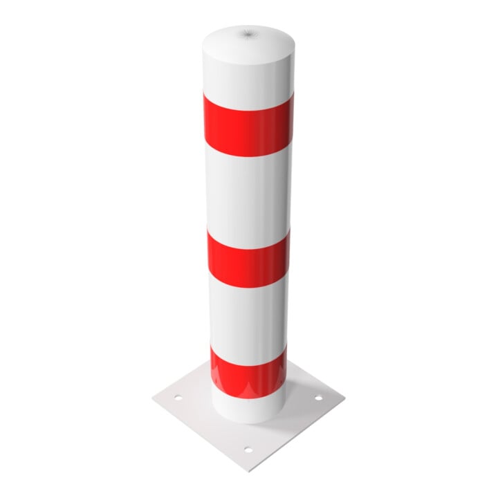 Schake Absperrpfosten Typ 40193B Stahlrohr, Ø 193mm, zum Aufdübeln + Bodenplatte 360x360mm, Gesamtlänge:1000mm, weiß / rot