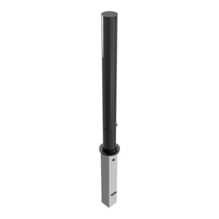 Schake Absperrpfosten Typ 4084FB, herausnehmbar, Ø 89mm + Dreikantverschluß, + Flachkopf (Feinstruktur) + angeschweißter Rosette 4084RB + Bodenhülse