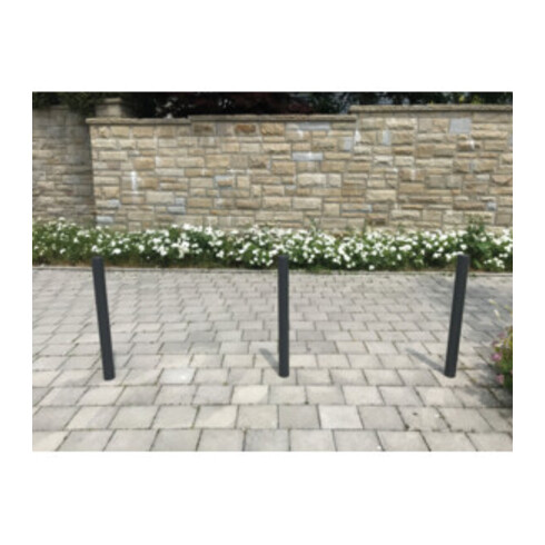 Schake Absperrpfosten Typ 4084FB, herausnehmbar, Ø 89mm + Dreikantverschluß, + Flachkopf (Feinstruktur) + angeschweißter Rosette 4084RB + Bodenhülse