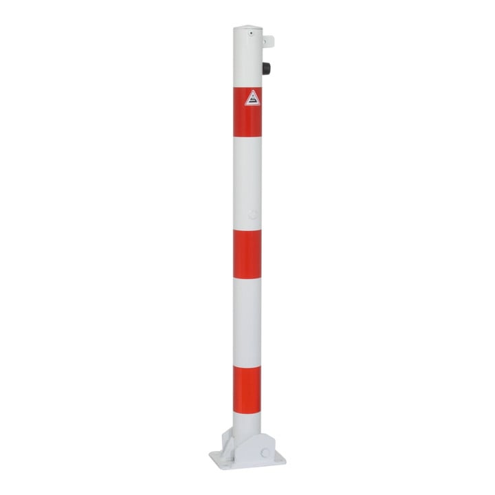 Set Schake Absperrpfosten Typ 460UVB, umlegbar, für Vorhangschloß, Ø 60mm, weiß / rot + BefestigungsschraubensatzTyp 1 + Bodenhülse zum Einbetonieren