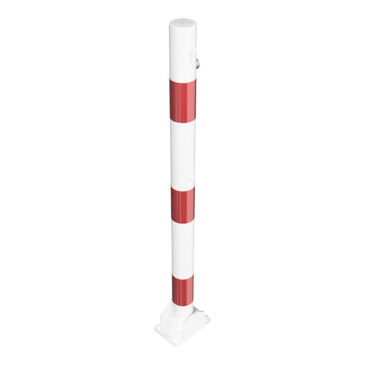 Schake Absperrpfosten Typ 460UZB, umlegbar, zum Aufdübeln + Profilzylinder, Ø 60mm, weiß / rot