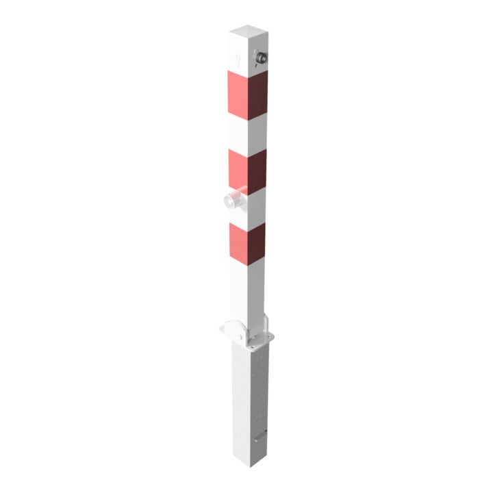 Schake Absperrpfosten Typ 4701FUZHB, 70x70mm, umlegbar, herausnehmbar + Dreikantverschluß, Profilzylinder, weiß / rot