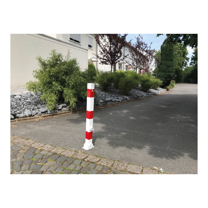 Schake Absperrpfosten Typ 470FUB, umlegbar + Dreikantverschluß, 70x70mm, weiß / rot