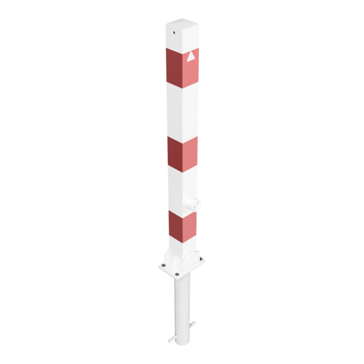 Schake Absperrpfosten Typ 470FUHB, umlegbar + Dreikantverschluß, zum Einbetonieren, 70x70mm, weiß / rot incl. Bodenhülse