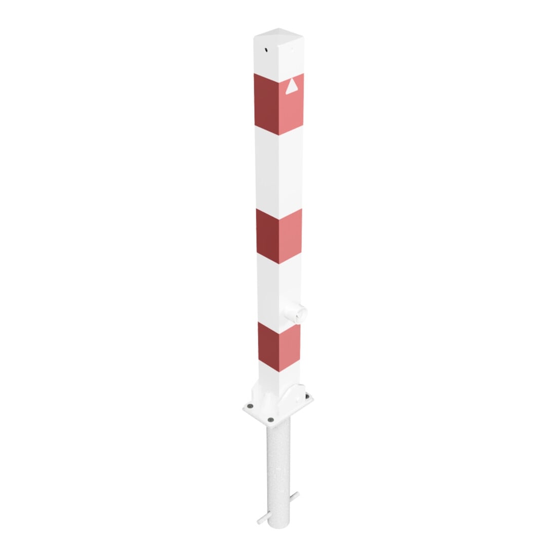 Schake Absperrpfosten Typ 470FUHB, umlegbar + Dreikantverschluß, zum Einbetonieren, 70x70mm, weiß / rot incl. Bodenhülse