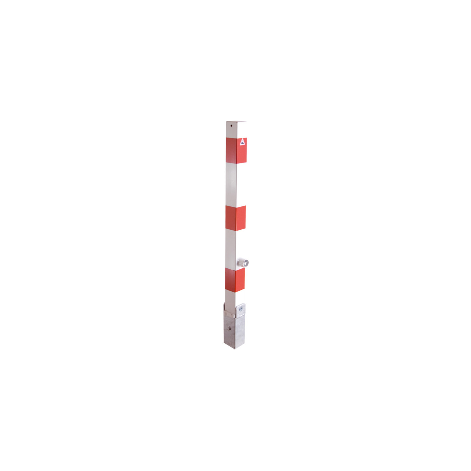Schake Absperrpfosten Typ 470FUKHB, umlegbar, Hebe, Kipp, Mechanik + Dreikantverschluß, zum Einbetonieren, 70x70mm, weiß / rot incl. Bodenhülse