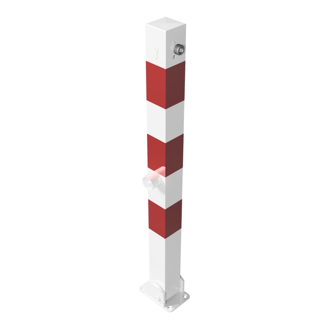 Schake Absperrpfosten Typ 470FUZB, umlegbar + Dreikantverschluß, Profilzylinder zum Aufdübeln, 70x70mm, weiß / rot