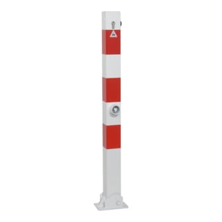 Schake Absperrpfosten Typ 470FUZHB, umlegbar + Dreikantverschluß, Profilzylinder zum Einbetonieren, 70x70mm, weiß / rot