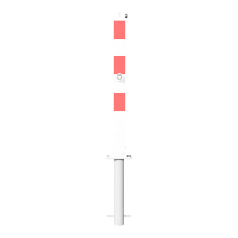 Schake Absperrpfosten Typ 470FUZHB, umlegbar + Dreikantverschluß, Profilzylinder zum Einbetonieren, 70x70mm, weiß / rot