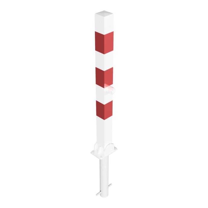 Schake Absperrpfosten Typ 470FUZHB, umlegbar + Dreikantverschluß, Profilzylinder zum Einbetonieren, 70x70mm, weiß / rot