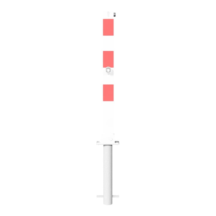 Schake Absperrpfosten Typ 470FUZHB, umlegbar + Dreikantverschluß, Profilzylinder zum Einbetonieren, 70x70mm, weiß / rot