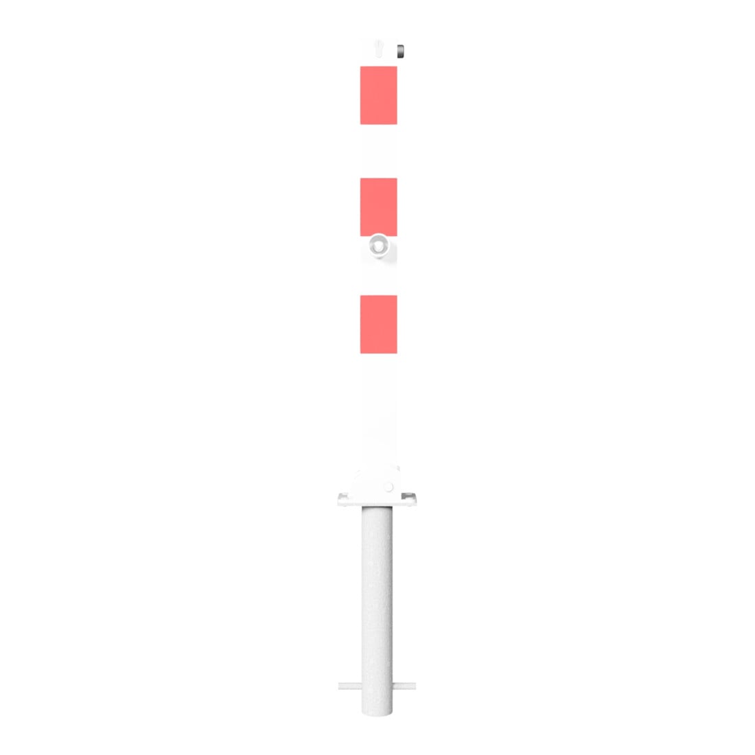 Schake Absperrpfosten Typ 470FUZHB, umlegbar + Dreikantverschluß, Profilzylinder zum Einbetonieren, 70x70mm, weiß / rot