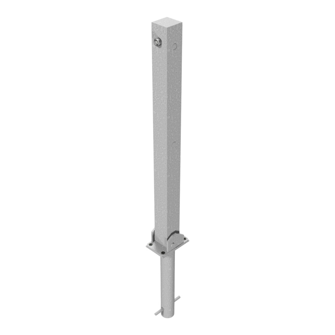 Schake Absperrpfosten Typ 470UDH, umlegbar + obenliegenden Dreikantverschluß, 70x70mm, zum Einbetonieren, incl. Bodenhülse