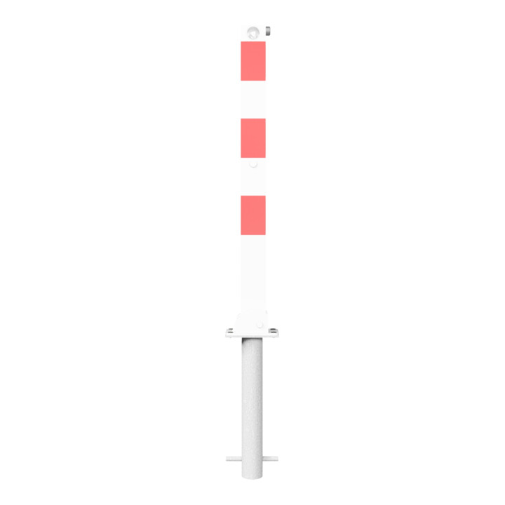 Schake Absperrpfosten Typ 470UDHB, umlegbar + obenliegenden Dreikantverschluß, 70x70mm, zum Einbetonieren, weiß / rot incl. Bodenhülse