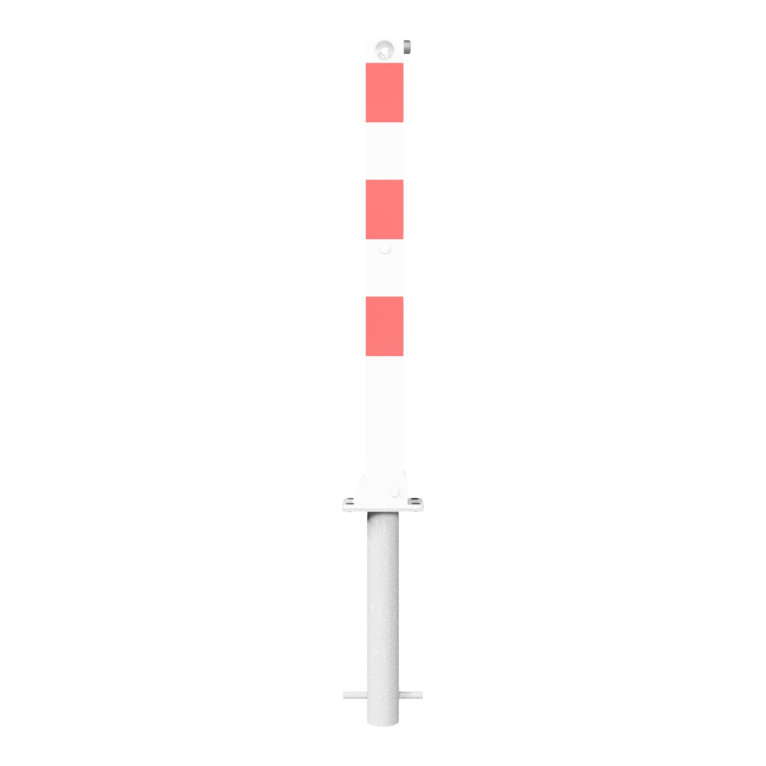 Schake Absperrpfosten Typ 470UDHB, umlegbar + obenliegenden Dreikantverschluß, 70x70mm, zum Einbetonieren, weiß / rot incl. Bodenhülse