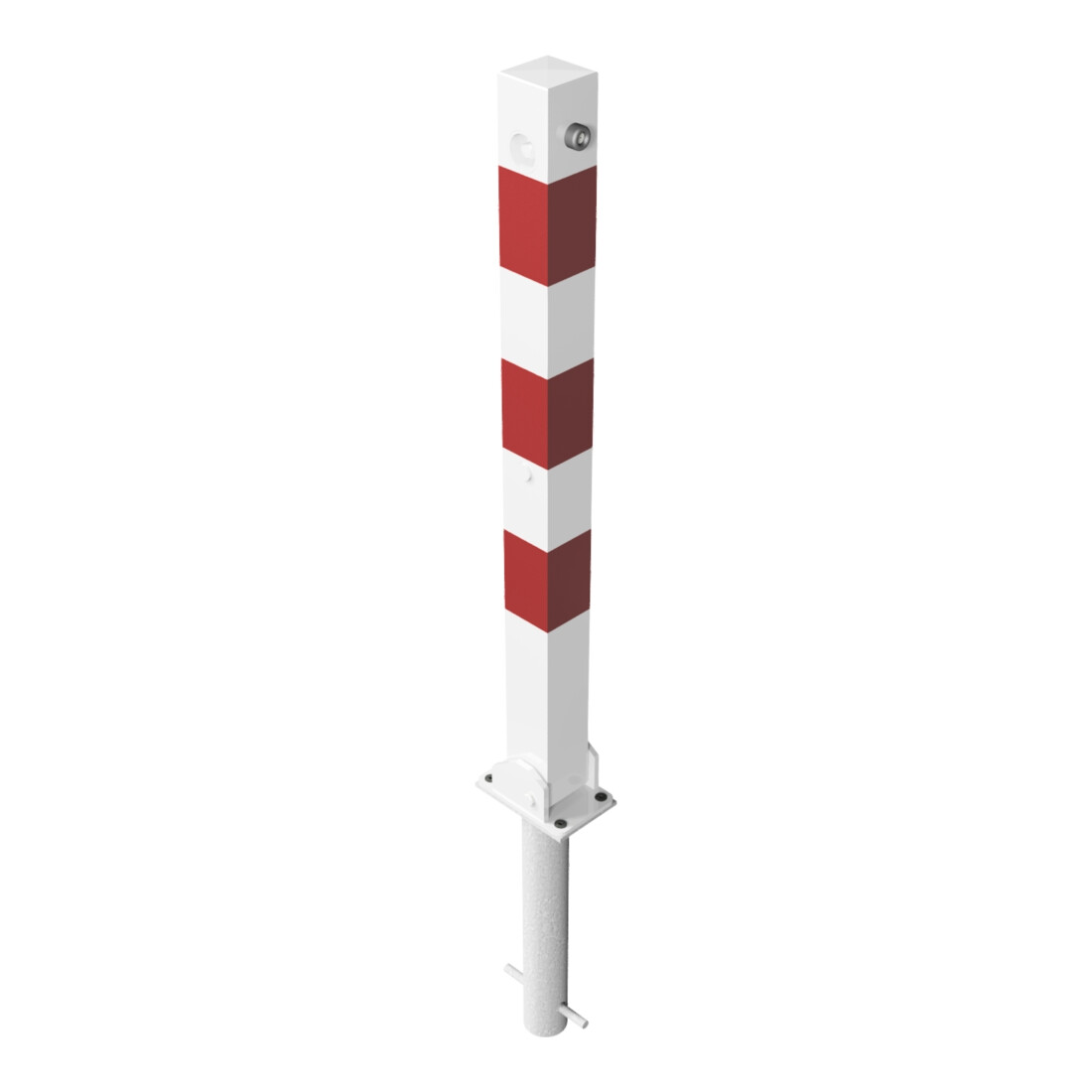 Schake Absperrpfosten Typ 470UDHB, umlegbar + obenliegenden Dreikantverschluß, 70x70mm, zum Einbetonieren, weiß / rot incl. Bodenhülse