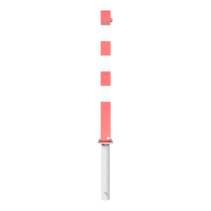 Schake Absperrpfosten Typ 470UNHB, umlegbar + Dreikantverschluß 8mm, zum Einbetonieren, 70x70mm, rot/weiß