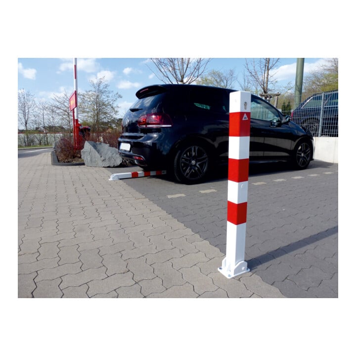 Schake Absperrpfosten Typ 470UZB, umlegbar, zum Aufdübeln + Profilzylinder, 70x70mm, weiß / rot
