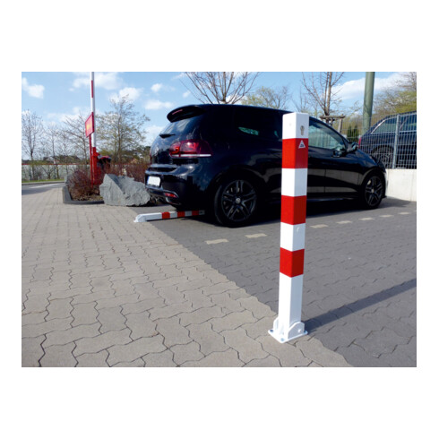 Schake Absperrpfosten Typ 470UZB, umlegbar, zum Aufdübeln + Profilzylinder, 70x70mm, weiß / rot