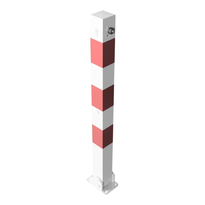 Schake Absperrpfosten Typ 470UZB, umlegbar, zum Aufdübeln + Profilzylinder, 70x70mm, weiß / rot