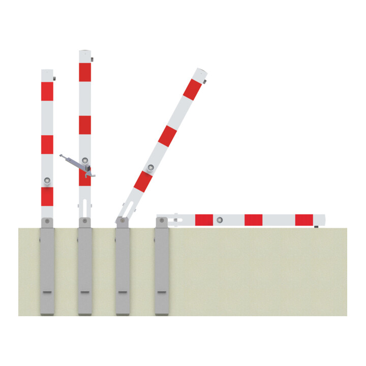 Schake Absperrpfosten Typ 470UZKHB, umlegbar, Hebe, Kipp, Mechanik + Profilzylinder, zum Einbetonieren, 70x70mm, weiß / rot incl. Bodenhülse