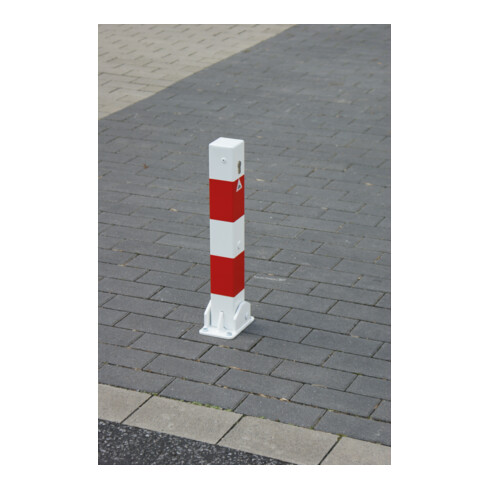 Schake Absperrpfosten Typ 4715FUB, umlegbar, Vierkantrohr 70x70mm, Überflur 500 mm, für Dübelbefestigung + Dreikantverschluß, weiß / rot