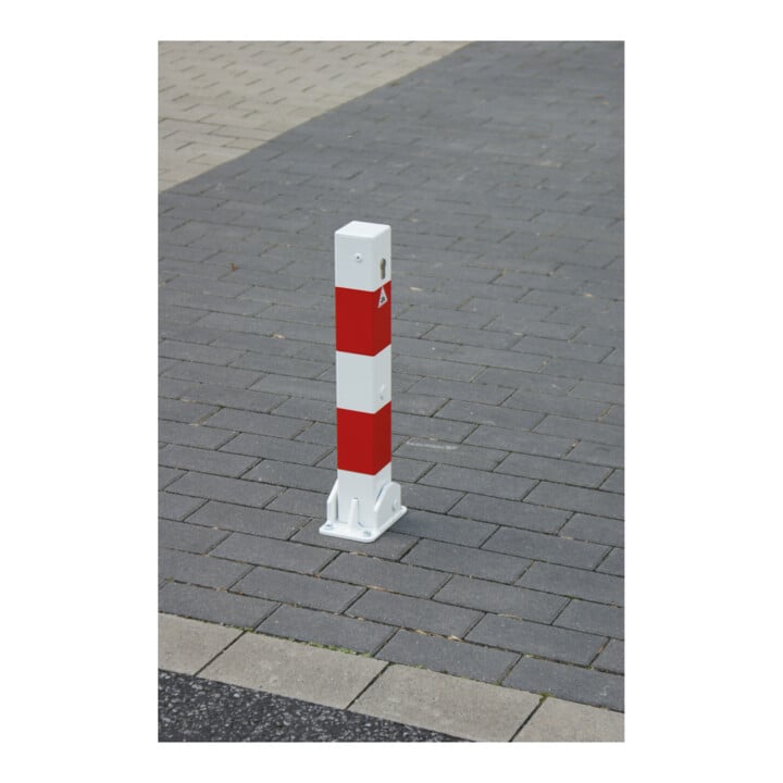 Schake Absperrpfosten Typ 4715FUB, umlegbar, Vierkantrohr 70x70mm, Überflur 500 mm, für Dübelbefestigung + Dreikantverschluß, weiß / rot
