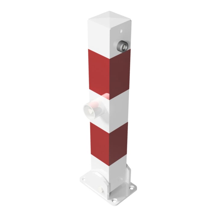 Schake Absperrpfosten Typ 4715FUB, umlegbar, Vierkantrohr 70x70mm, Überflur 500 mm, für Dübelbefestigung + Dreikantverschluß, weiß / rot