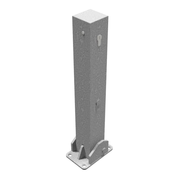 Schake Absperrpfosten Typ 4715UZ, umlegbar Vierkantrohr 70x70 mm, Überflur 500 mm, für Dübelbefestigung + Profilzylinder feuerverzinkt