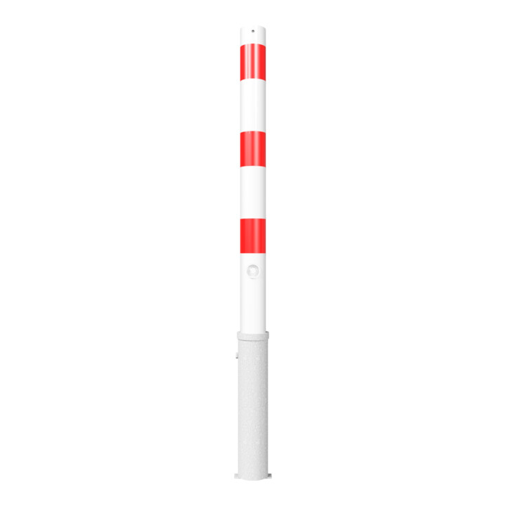 Schake Absperrpfosten Typ 476FB, herausnehmbar, Ø 76mm + Dreikantverschluß, weiß / rot + Bodenhülse