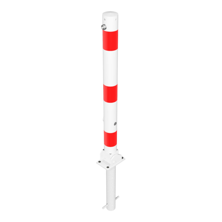 Schake Absperrpfosten Typ 476FUHB, umlegbar + Dreikantverschluß, zum Einbetonieren, Ø 76mm, weiß / rot