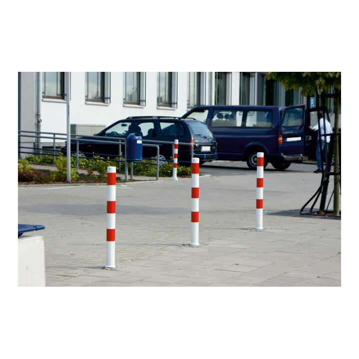 Schake Absperrpfosten Typ 476FUHB, umlegbar + Dreikantverschluß, zum Einbetonieren, Ø 76mm, weiß / rot