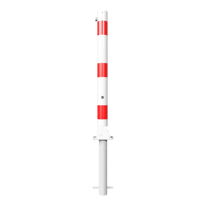 Schake Absperrpfosten Typ 476FUHB, umlegbar + Dreikantverschluß, zum Einbetonieren, Ø 76mm, weiß / rot