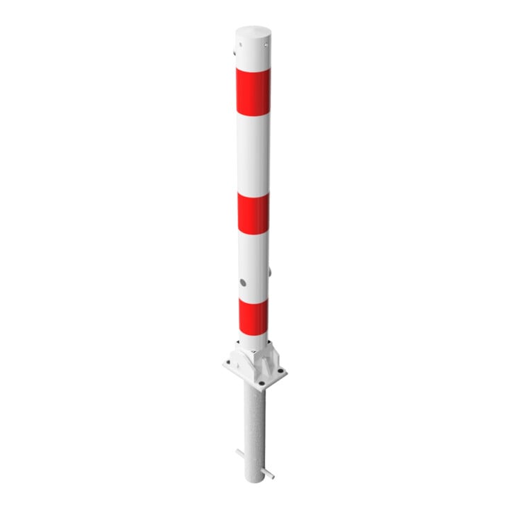 Schake Absperrpfosten Typ 476FUHB, umlegbar + Dreikantverschluß, zum Einbetonieren, Ø 76mm, weiß / rot