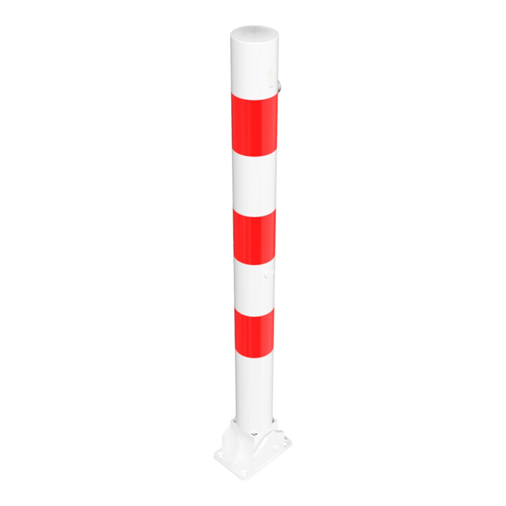 Schake Absperrpfosten Typ 476UZB, umlegbar, zum Aufdübeln + Profilzylinder, Ø 76mm, weiß / rot